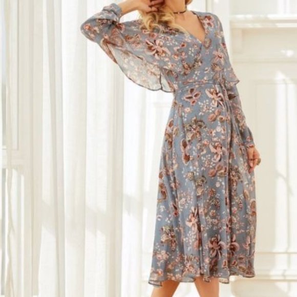 Blue Floral Cape-Sleeve Wrap Midi Dress - Picture 3 of 3